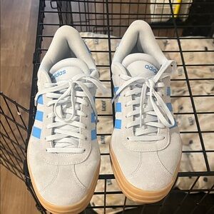adidas women’s White Suede Sneakers with Light Blue Stripes and Gum Sole